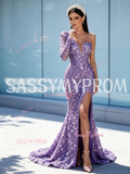 Lavender Long Sleeve Sequin Beaded Trumpet Mermaid Prom Dress Slit