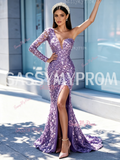 Lavender Long Sleeve Sequin Beaded Trumpet Mermaid Prom Dress Slit