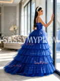 Straps Royal Blue Layered Sequin Tulle Ball Gown Prom Dress