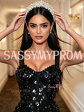 A Line Beading Beading Black Sequin Prom Dress With Slit