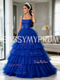 Straps Royal Blue Layered Sequin Tulle Ball Gown Prom Dress