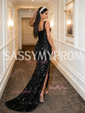 A Line Beading Beading Black Sequin Prom Dress With Slit