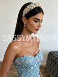 Beading Sequin Sheath Column Blue Sequin Prom Dress With Slit