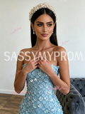 Beading Sequin Sheath Column Blue Sequin Prom Dress With Slit