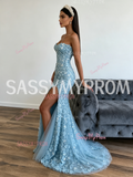 Beading Sequin Sheath Column Blue Sequin Prom Dress With Slit