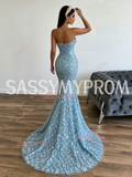 Beading Sequin Sheath Column Blue Sequin Prom Dress With Slit