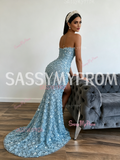 Beading Sequin Sheath Column Blue Sequin Prom Dress With Slit
