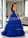 Straps Royal Blue Layered Sequin Tulle Ball Gown Prom Dress