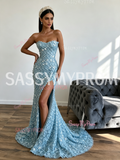 Beading Sequin Sheath Column Blue Sequin Prom Dress With Slit
