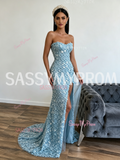 Beading Sequin Sheath Column Blue Sequin Prom Dress With Slit
