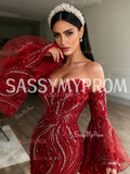 Flower Sequin Burgundy Long Sleeve Trumpet Mermaid Prom Dress