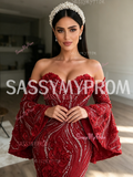 Flower Sequin Burgundy Long Sleeve Trumpet Mermaid Prom Dress