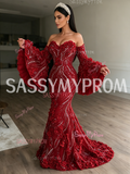 Flower Sequin Burgundy Long Sleeve Trumpet Mermaid Prom Dress