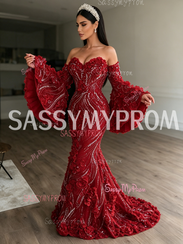 Flower Sequin Burgundy Long Sleeve Trumpet Mermaid Prom Dress