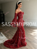 Flower Sequin Burgundy Long Sleeve Trumpet Mermaid Prom Dress