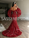 Flower Sequin Burgundy Long Sleeve Trumpet Mermaid Prom Dress