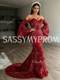 Flower Sequin Burgundy Long Sleeve Trumpet Mermaid Prom Dress