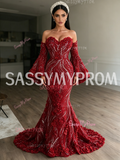 Flower Sequin Burgundy Long Sleeve Trumpet Mermaid Prom Dress