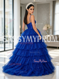Straps Royal Blue Layered Sequin Tulle Ball Gown Prom Dress