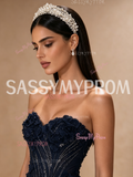 Navy Blue Sweetheart Beaded Flower A Line Slit Prom Dress