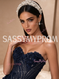 Navy Blue Sweetheart Beaded Flower A Line Slit Prom Dress