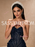 Navy Blue Sweetheart Beaded Flower A Line Slit Prom Dress