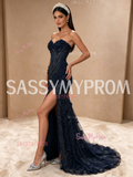 Navy Blue Sweetheart Beaded Flower A Line Slit Prom Dress