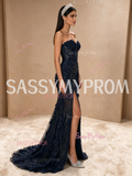 Navy Blue Sweetheart Beaded Flower A Line Slit Prom Dress