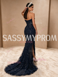 Navy Blue Sweetheart Beaded Flower A Line Slit Prom Dress