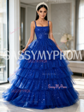 Straps Royal Blue Layered Sequin Tulle Ball Gown Prom Dress