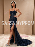 Navy Blue Sweetheart Beaded Flower A Line Slit Prom Dress