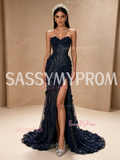 Navy Blue Sweetheart Beaded Flower A Line Slit Prom Dress