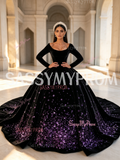 Purple Velvet Sequin Long Sleeve Ball Gown Scoop Prom Dress