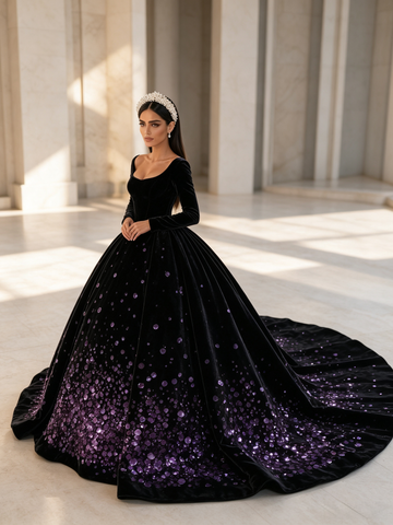 Purple Velvet Sequin Long Sleeve Ball Gown Scoop Prom Dress