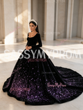 Purple Velvet Sequin Long Sleeve Ball Gown Scoop Prom Dress
