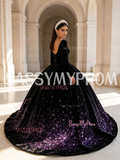 Purple Velvet Sequin Long Sleeve Ball Gown Scoop Prom Dress