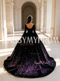 Purple Velvet Sequin Long Sleeve Ball Gown Scoop Prom Dress