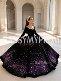 Purple Velvet Sequin Long Sleeve Ball Gown Scoop Prom Dress