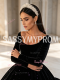 Purple Velvet Sequin Long Sleeve Ball Gown Scoop Prom Dress