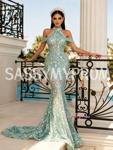 Fitted Halter Neck Green Sequin Beaded Trumpet Mermaid Prom Dress