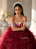 Sparkling Dark Red Strapless  Ruffle Skirt Prom Dress