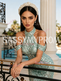 Fitted Halter Neck Green Sequin Beaded Trumpet Mermaid Prom Dress