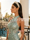 Fitted Halter Neck Green Sequin Beaded Trumpet Mermaid Prom Dress