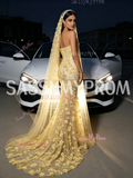 Yellow Strapless Mermaid Gown With Sequin Floral Prom Dress