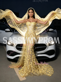 Yellow Strapless Mermaid Gown With Sequin Floral Prom Dress
