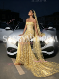 Yellow Strapless Mermaid Gown With Sequin Floral Prom Dress