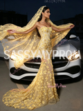 Yellow Strapless Mermaid Gown With Sequin Floral Prom Dress