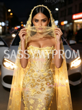 Yellow Strapless Mermaid Gown With Sequin Floral Prom Dress