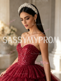 Sparkling Dark Red Strapless  Ruffle Skirt Prom Dress