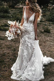 Lace A Line Floral Sweep Train Elegant Wedding Dress